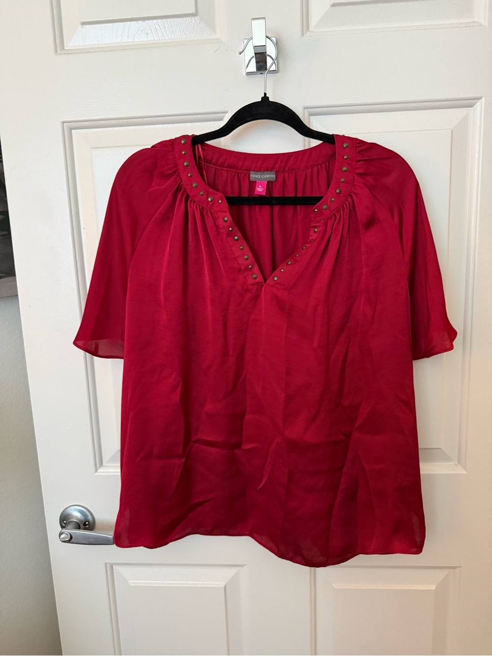 Vince Camuto Crimson V-Neck Blouse with Stud Trim